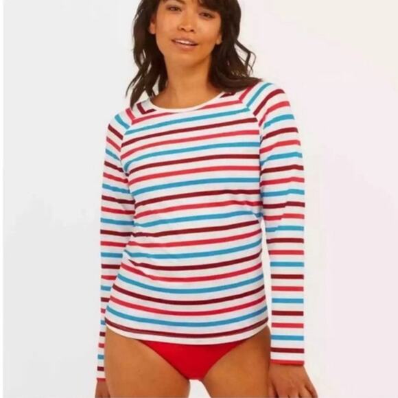 SPANX Ocean Striped Hibiscus Rash guard Swim Shirt Long Sleeve S - Picture 1 of 5